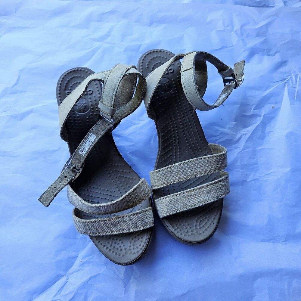 Crocs A-Leigh Linen Strappy Mini Wedge Sandals Beige Tan Coastal Womens 6